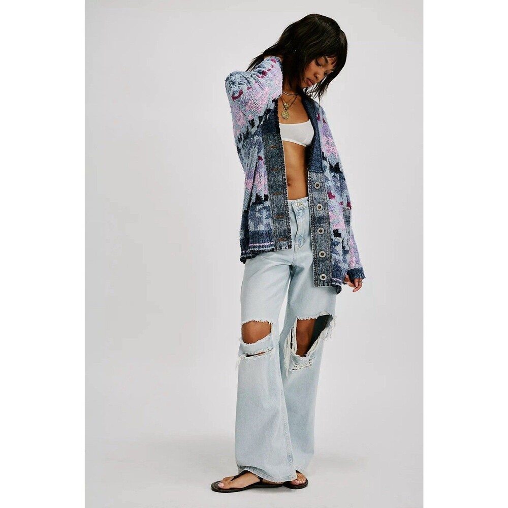 Free People Bluebell Oversized Cardigan Small Denim Aztec Boho Indie Sleeze Top - Picture 4 of 11
